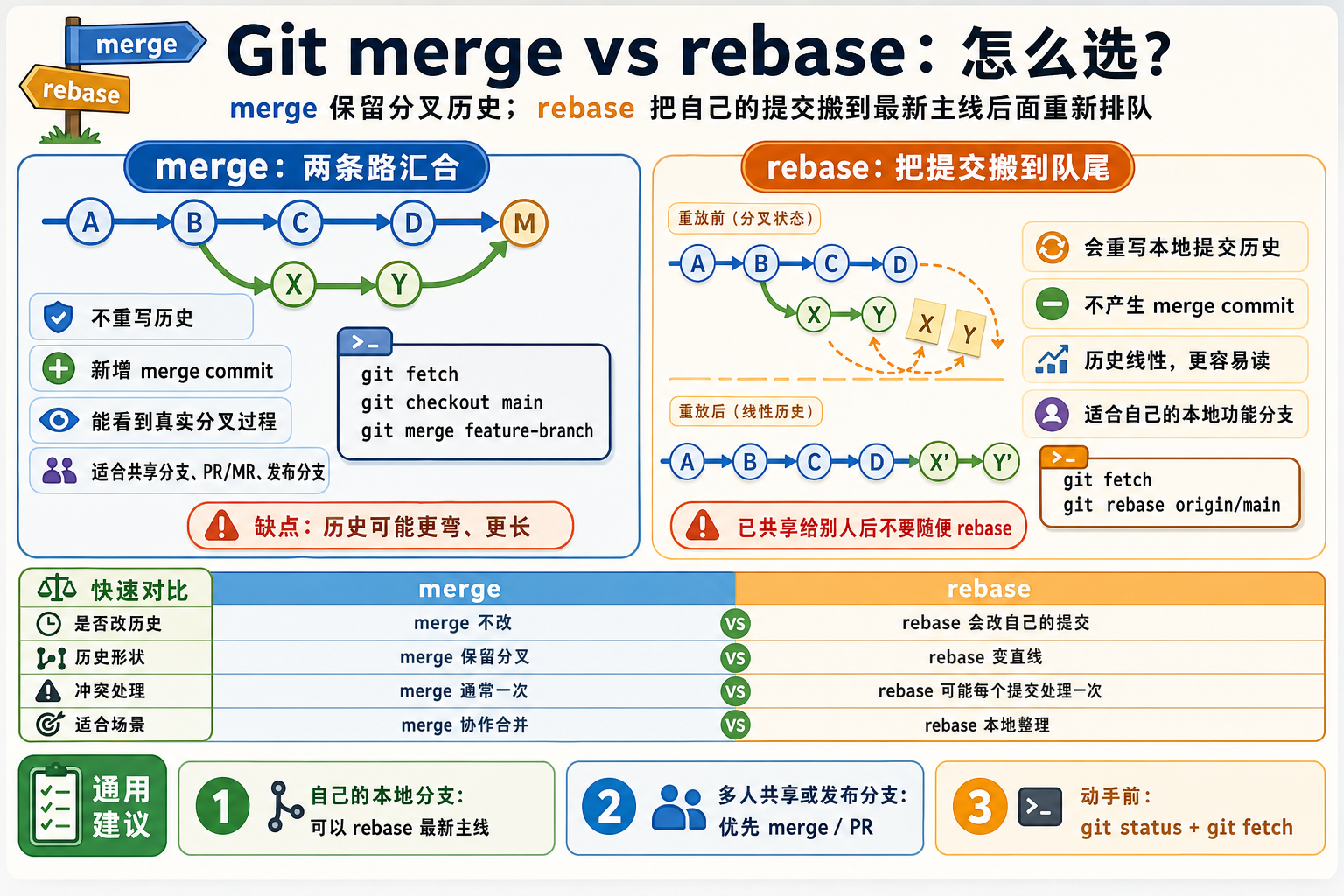 Git merge 和 rebase 对比信息图